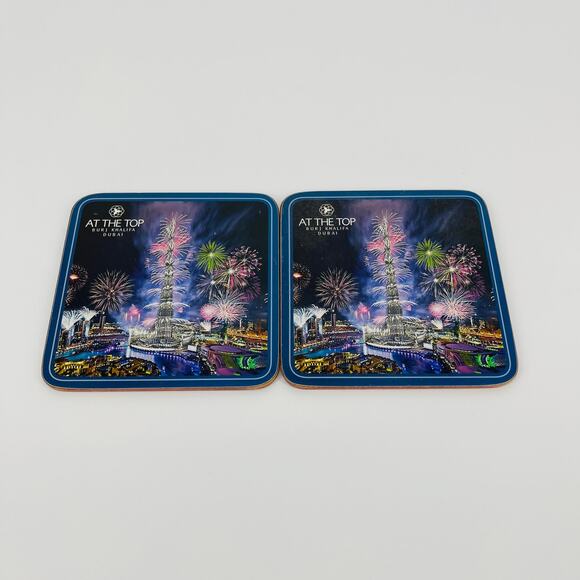 At the Top Burj Khalifa Dubai Fireworks Drink Coasters Cork Bottom Set of 2 GUC - Picture 2 of 6